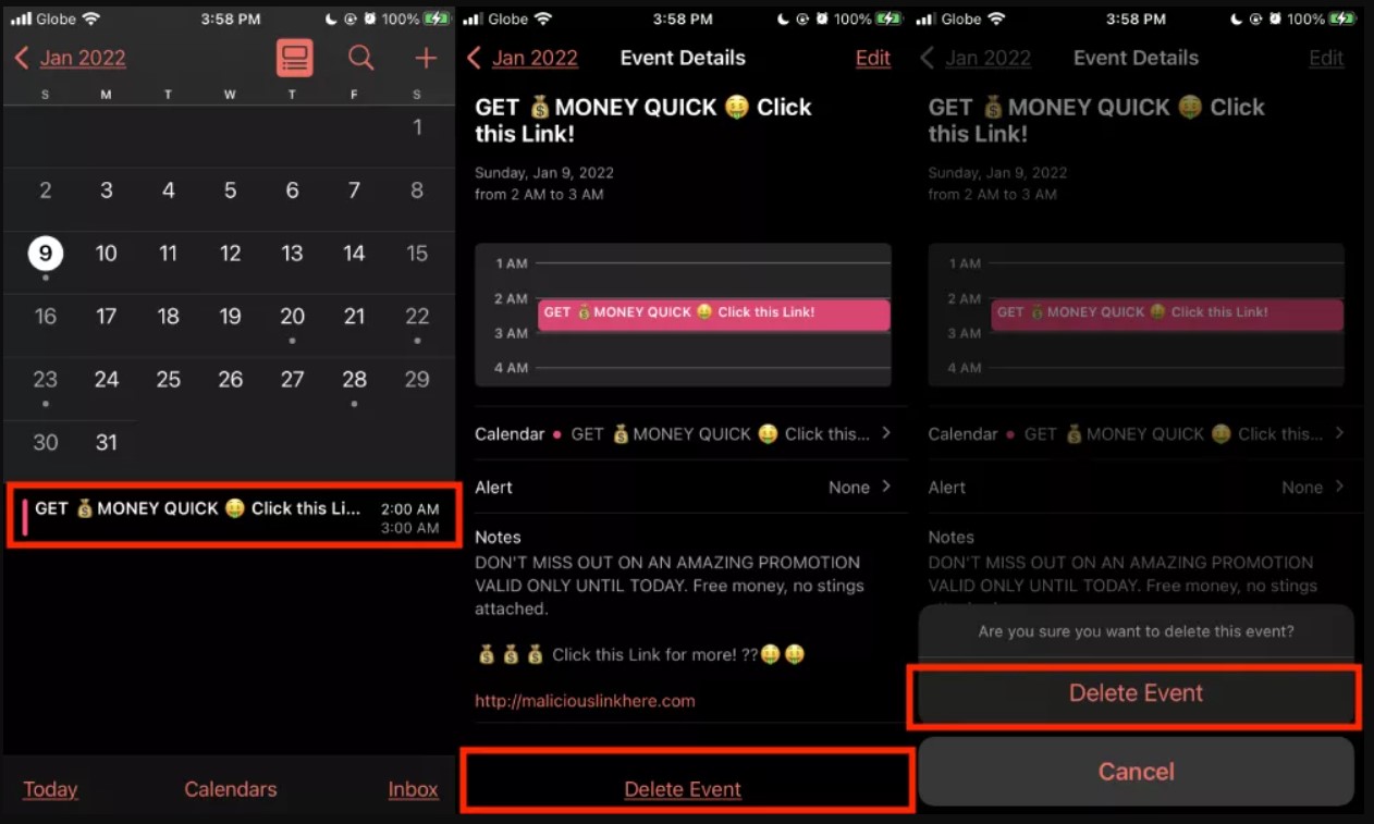 spam calendarul iPhone