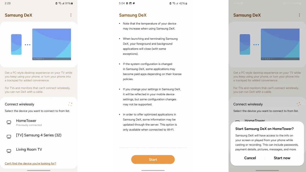 left to right dex display choices warning message and start qgb9.1920