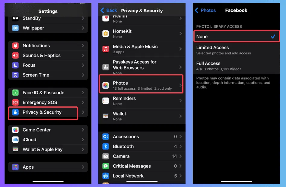 revoke facebook access to media and camera ios