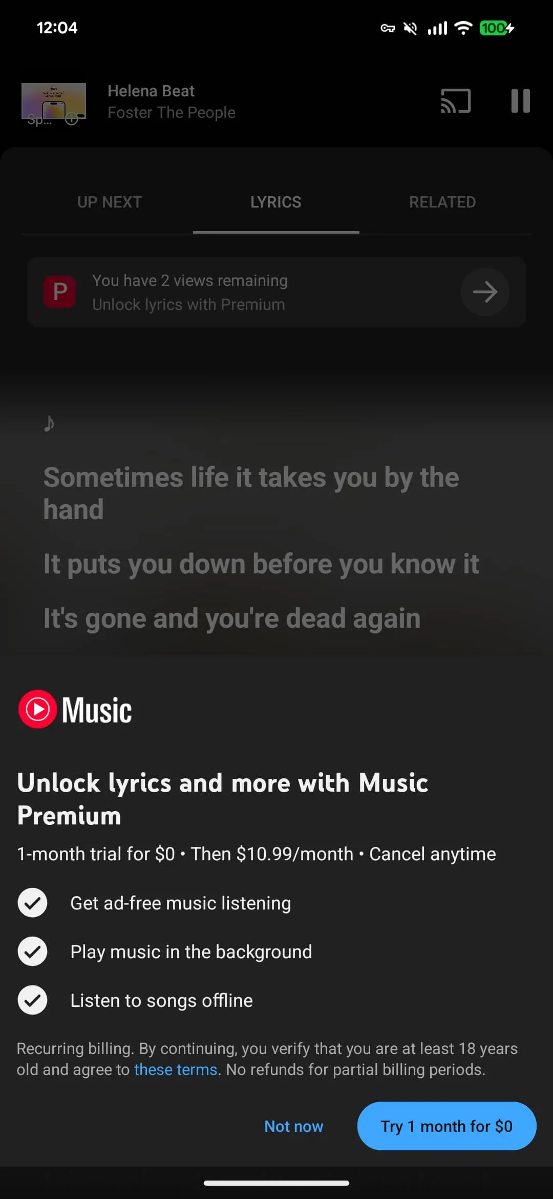 youtube music premium lyrics 1