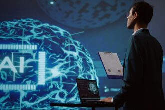 startup employee looking business charts using ai software