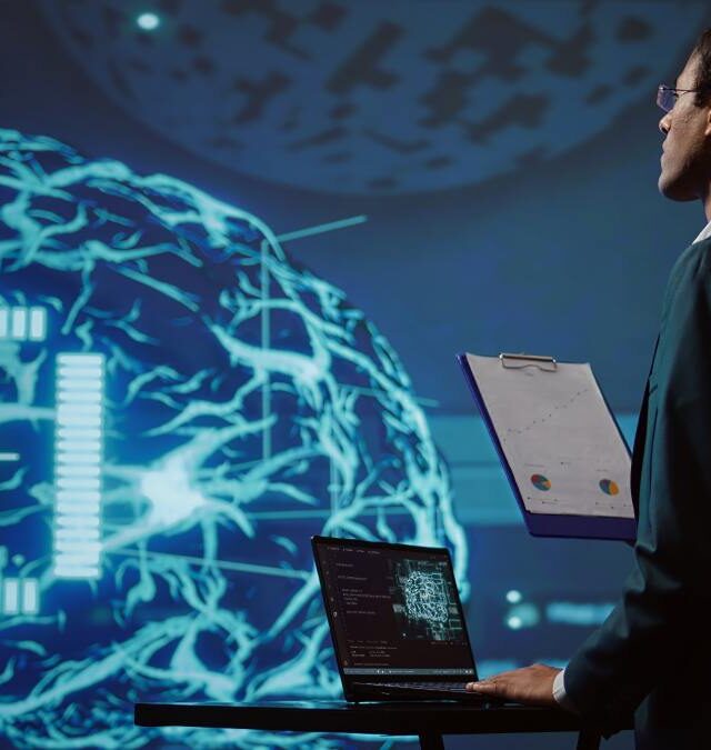 startup employee looking business charts using ai software