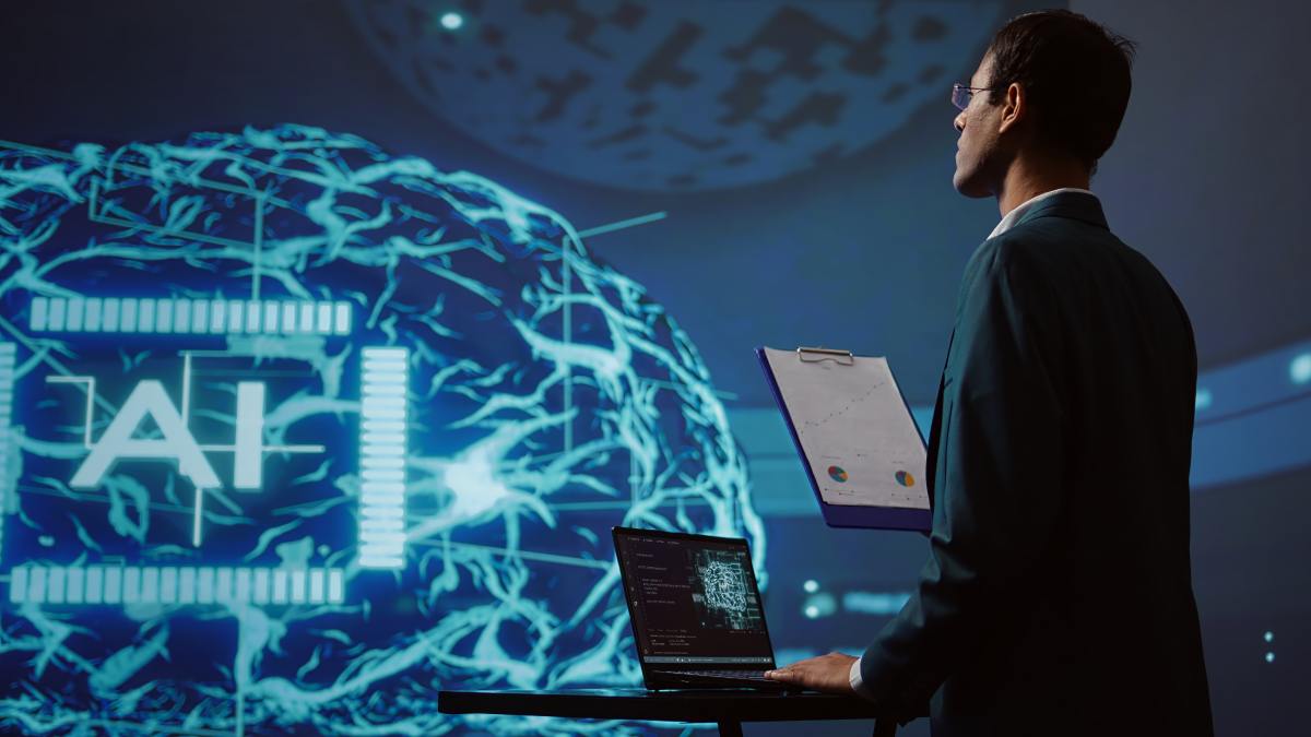startup employee looking business charts using ai software