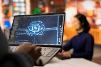 call center worker using ai tech laptop reply customers closeup