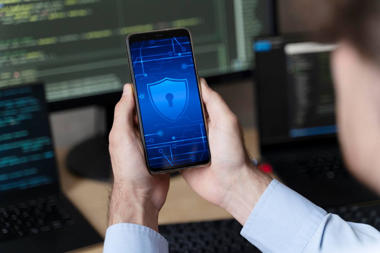 close up hands holding smartphone with lock